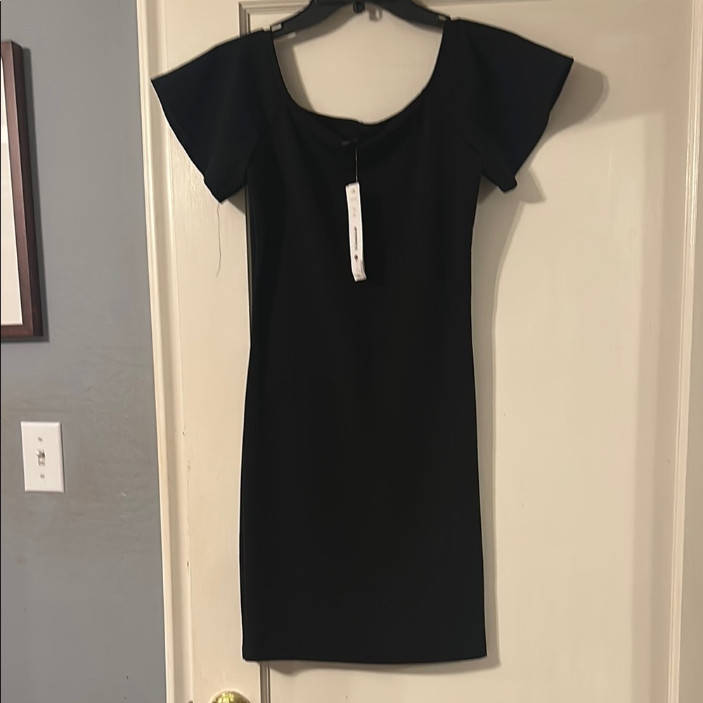 Black Ribbed Sheath Mini Dress with Flutter Cap Sleeves